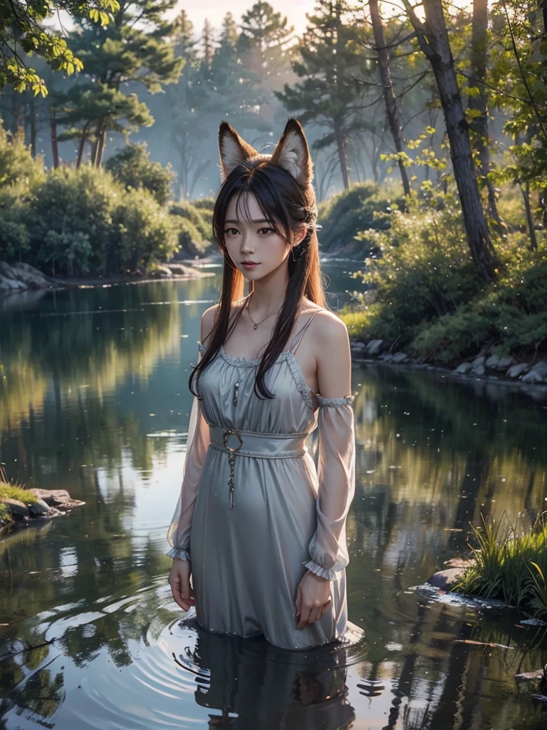  A 20s woman with fox characteristics, fox tail behind her, fox ears forward, calm demeanor, beside a lake. Mirror-like water, dusk setting, light haze, subtle light from the setting sun. Created Using: photorealistic style, hd quality, dusk lighting, reflective water, high-detail fur texture, calm atmosphere, soft highlights and shadows, natural setting --ar 16:9 --v 6.0