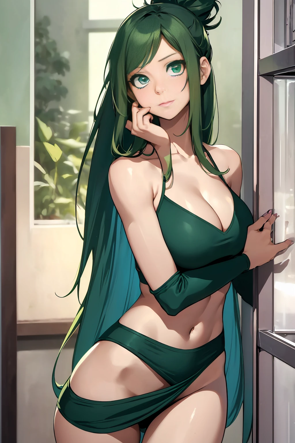 inko midoriya, green hair, long hair, single hair bun, inko midoriya (1 girl), (alone), Inko/(my hero academy/), (big breasts), green hair, milf, Anko Midoriya,(She was a thin, beautiful and young woman who had short hair with a ponytail on the left side),(Green hair and green eyes),(Slim body),(beautiful young woman),(30 year old young appearance),( Youthful appearance, smooth, she possesses large and expressive eyes),(Its appearance is smooth and delicate),(Average height 1.66m),(Slender body),(Youthful and attractive appearance) 