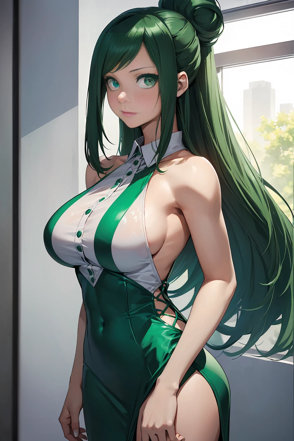 1 girl, Best quality, ultra-detailed, green hair tied in a bun, Brown eyes, Beautiful body, medium breasts, perfect ass, beige dress with ruffles, red lace stockings, prominent breast outline, nipples, , background = street, dark alley, outside = back view, turn around