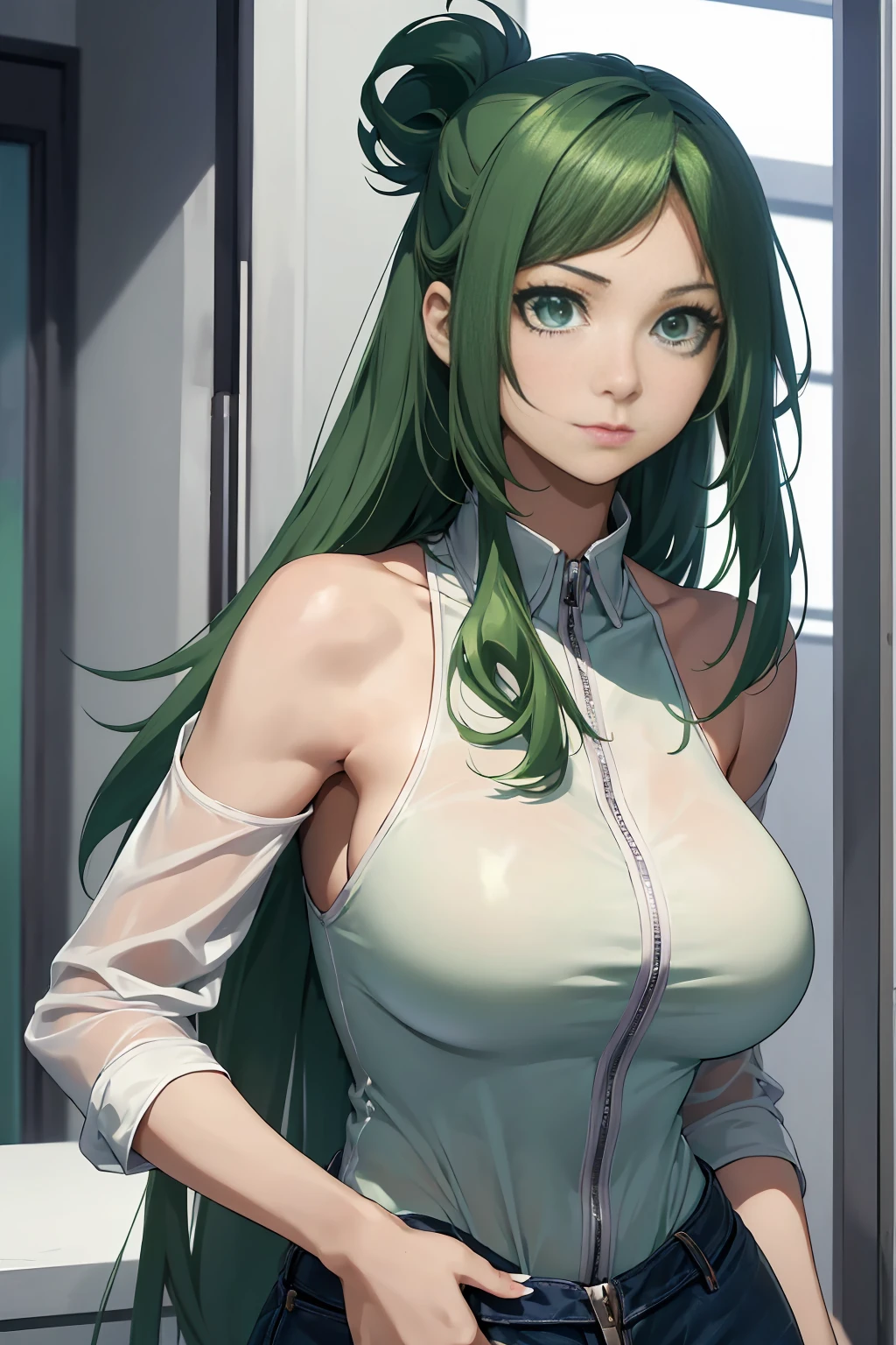 inko midoriya, green hair, long hair, single hair bun, inko midoriya (1 girl), (alone), Inko/(my hero academy/), (big breasts), green hair, milf, Anko Midoriya,(She was a thin, beautiful and young woman who had short hair with a ponytail on the left side),(Green hair and green eyes),(Slim body),(beautiful young woman),(30 year old young appearance),( Youthful appearance, smooth, she possesses large and expressive eyes),(Its appearance is smooth and delicate),(Average height 1.66m),(Slender body),(Youthful and attractive appearance) 