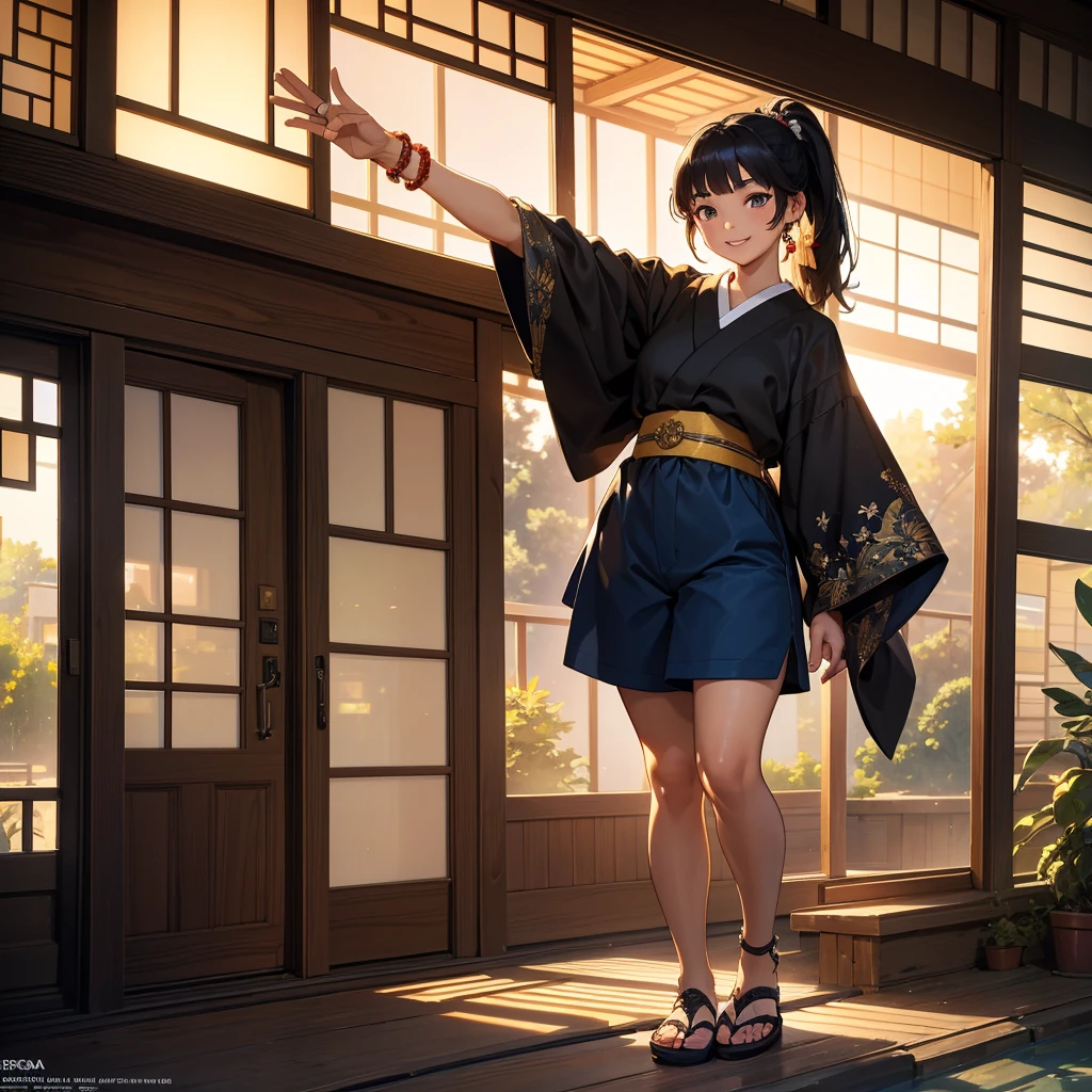 A young girl in a traditional Japanese home, gravel garden, waving her arm, , wearing shorts and black t-shirt, beaded bracelet on right wrist, sandals, tanned skin, smiling, medium shot, black hair in ponytail with blue hairpin on bangs, beautiful detailed eyes, beautiful detailed lips, extremely detailed eyes and face, long eyelashes, intricate details, natural lighting, warm color tones, vibrant colors, cinematic, studio lighting, professional photography, landscape, architectural, concept art