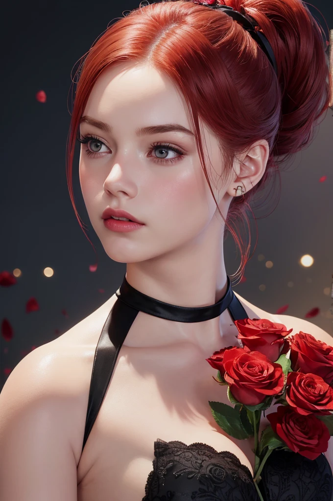 girl , 1solo, ponytail hairstyle ,Auburn-red-hair , hold flowers , digital painting, dramatic lighting, ultra realistic, smooth, soft 8k, art , blur backgrond, wearing dress, hold pink roses ,black background , bokeh, roses , botanique , look at view, roses