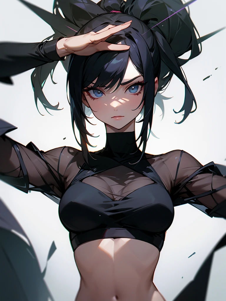 The portrait shows a woman, wearing sheer mesh over a fitted crop top. This item of clothing emphasizes her seductive and dominant nature.. Her confident look and commanding demeanor demonstrate superiority over others.. Stylish and modern, the combination of a crop top and mesh draped over the top creates a feeling of absolute control.. This one is daring, but at the same time, the elegant outfit emphasizes the model’s unshakable self-confidence and her ability to command the space around her.