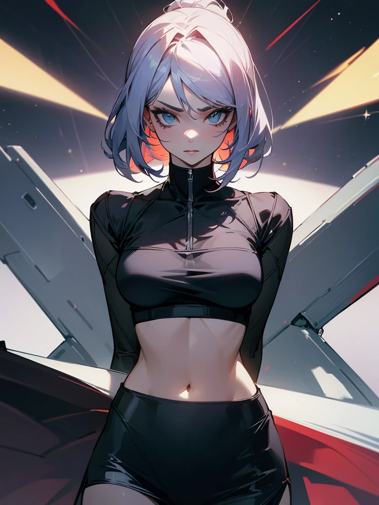 The portrait shows a woman, wearing sheer mesh over a fitted crop top. This item of clothing emphasizes her seductive and dominant nature.. Her confident look and commanding demeanor demonstrate superiority over others.. Stylish and modern, the combination of a crop top and mesh draped over the top creates a feeling of absolute control.. This one is daring, but at the same time, the elegant outfit emphasizes the model’s unshakable self-confidence and her ability to command the space around her.