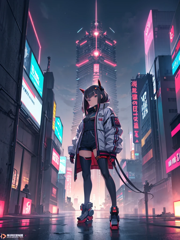 Anime girl in shorts and jacket standing next to a giant robot, artwork in the style of Gwaiz, Cyberpunk Anime Girl Mecha, Trending on cgstation, Gwaiz, By Russell Dongjun Lu, Digital Cyberpunk Anime Art, Lostrun 8k, Gwaiz on artstation pixiv, Girl wearing mecha cyber armor