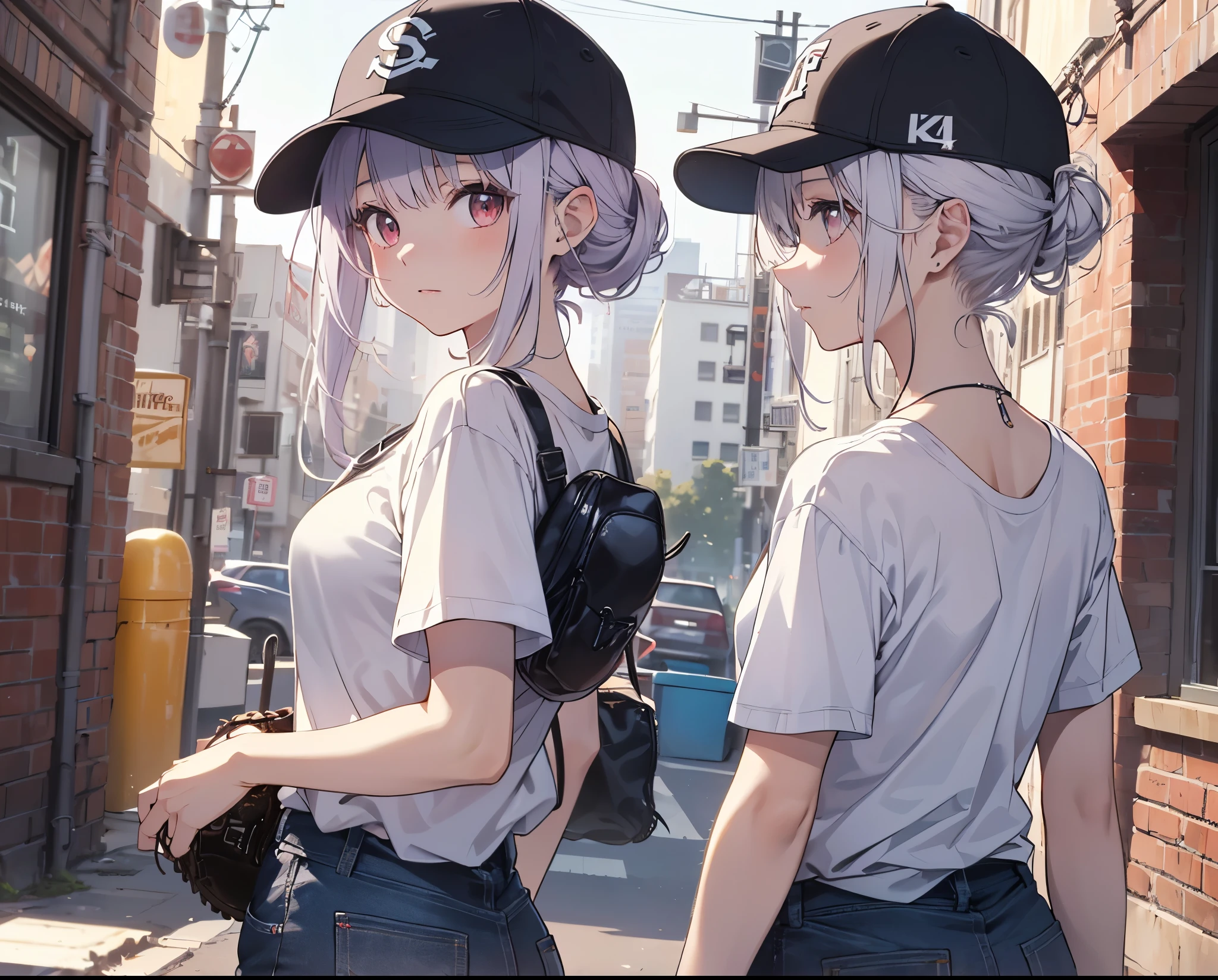 (Close-up:1.3),Realistic,Highest quality, Super detailed, High-quality CG rendering, The most delicate and beautiful, Floating softly, High resolution, (1 girl), (Highest quality,4K,8k,masterpiece:1.2), Light purple hair,(Hair in a bun:1.5),Red eyes,(Pure white oversized short sleeve T-shirt:1.3),(Black skinny jeans:1.3),(Pure white baseball cap:1.3),In the city,old buildings,Narrow back alley