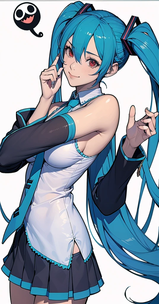 masterpiece, hatsune miku, White shirt, Blue tie, Exposing shoulders, The sleeves are separated, Evil Smiley Face, Dark Skin, Red eyes, Iris, Pupil orange,