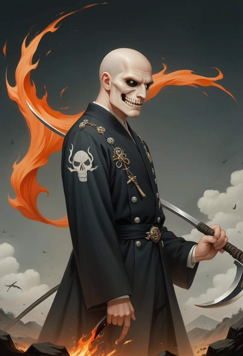 A man, Holding a black scythe,It is decorated with Japanese symbols of death., Black flames burst from the decoration, The edge of the scythe comes out of it,The black wind brings the ghost of the skull, Best for face and sickle Judy The man wears the right sickle steel suit, This man has black hair., Man is the embodiment of death, (CG 8k module with very detailed background) (best quality), (Best Illustration), (Best color tone), Very detailed