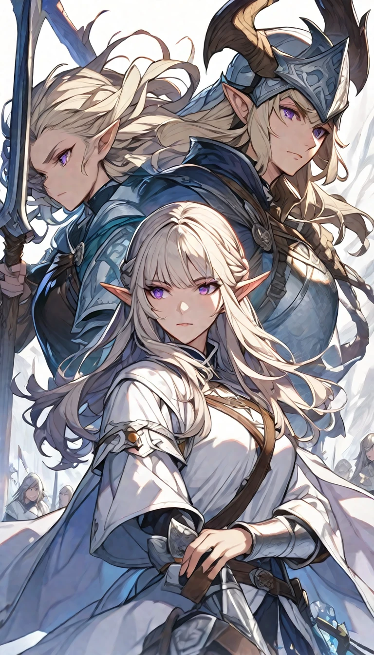 Solitary, woman, beautiful, Medium Length Platinum Blonde Hair,with bangs, Half-tied and half-down hair, Purple Eyes, White coat, d&d, Elf, middle Ages