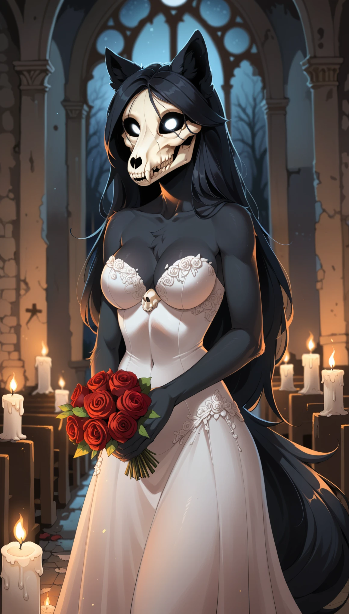 Mammal, Top quality, full body, masterpiece, high resolution, detailed body, hi res, absurd res, 1woman, upper body focus, face focus, furry, anthro, ((SCP-1471, MalO, female, MalO body, Canine scull)), elegant wedding dress, athletic, black straight hair, long haircut, black fur, detailed fur, cute hands, detailed hands, ruined church, destroyed church, abandoned church, detailed light, night color pallet, night pastel soft light, candles, holding black/red flowers bouquet