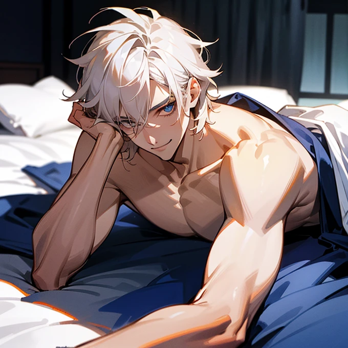 Highest accuracy,A lanky man wearing only a bedsheet, Lying on the bed, Shirtless, pale skin, short white hair, messy hair, Lower body details,Thick pubic hair,The handsome face of youth,smiling,dangerous smile, glowing eyes, Background details are exquisite, modern style, moonlight, blue light, laying on stomach, legs laying flat, bedsheet