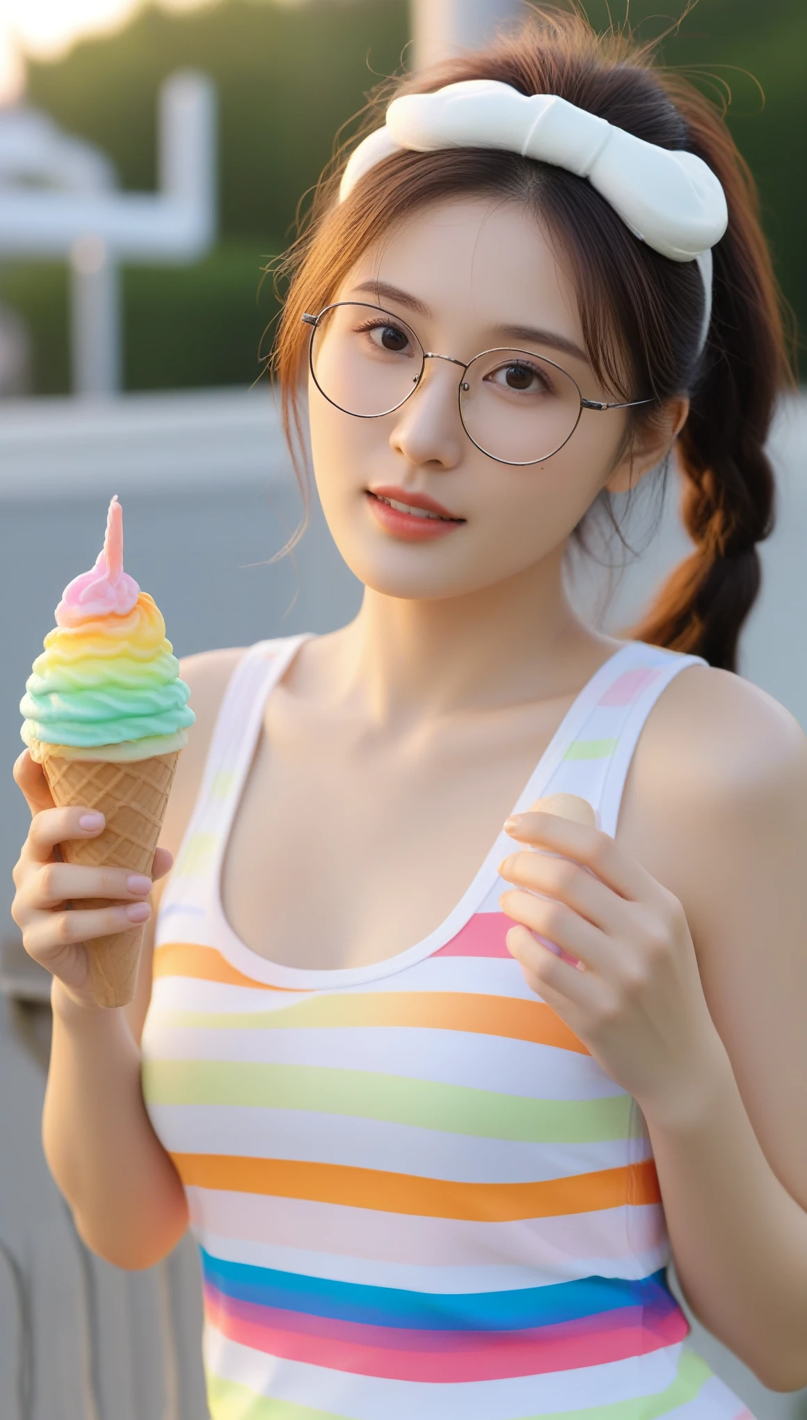 Close-up of beautiful Korean woman, 34 inch chest size, Wearing a rainbow patterned tank top, Glasses, Holding ice cream, Leaning on the fence, Sunset, Ultra HD