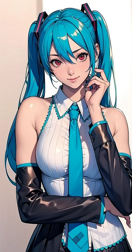 masterpiece, hatsune miku, White shirt, Blue tie, Exposing shoulders, The sleeves are separated, Evil Smiley Face, Dark Skin, Red eyes, Iris, Pupil orange,