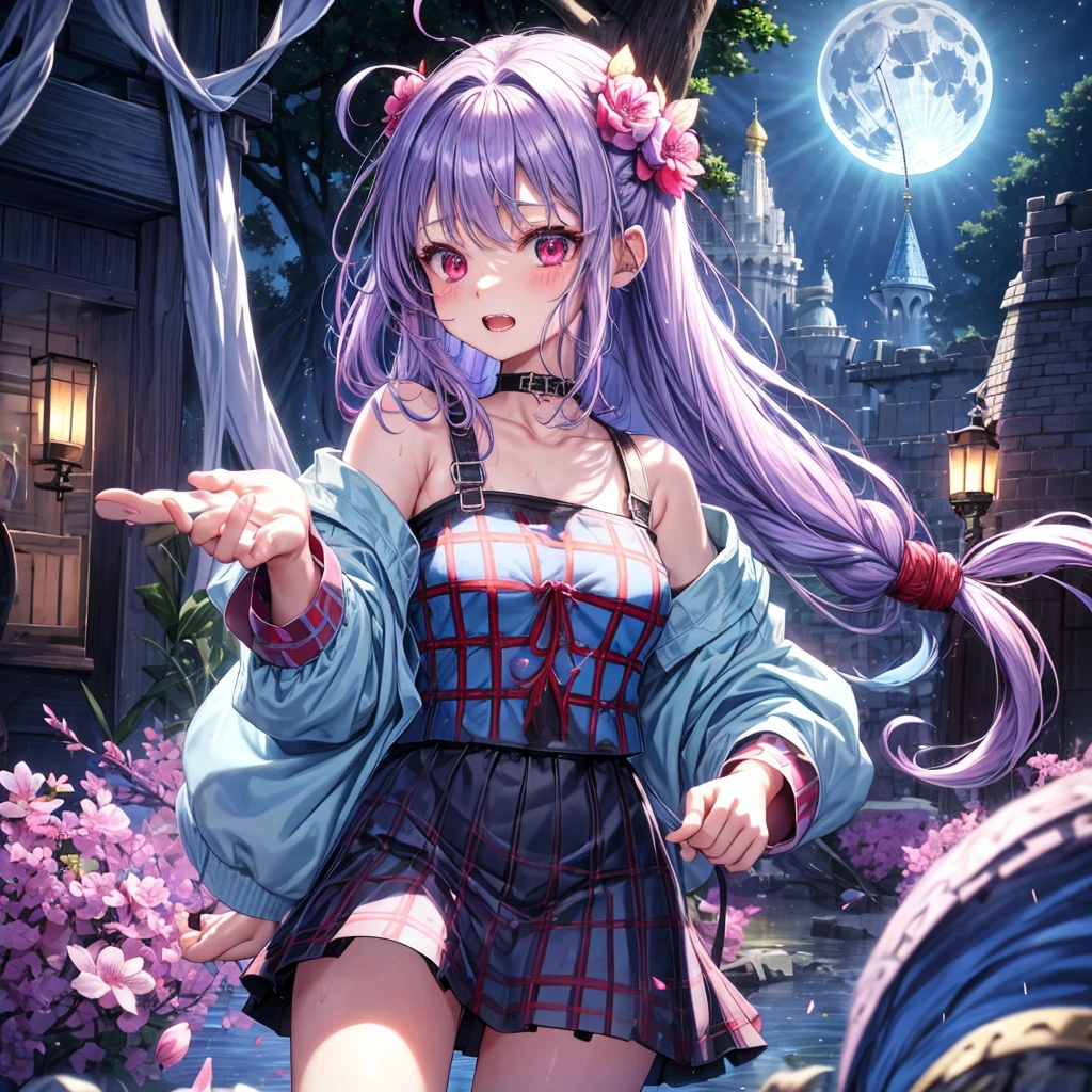 Blue-light purple hair、Red eyes、Braid、One cute girl、solo、And soul、Light clothing、Checked mini skirt、petal、Wet hair、black t-shirts、hoodie、large tree、cloud、Red full moon、desert、barefoot、Stones are piled up、Teeth are visible、Secret Treasure、Fortress City、Tilting face、hourglass