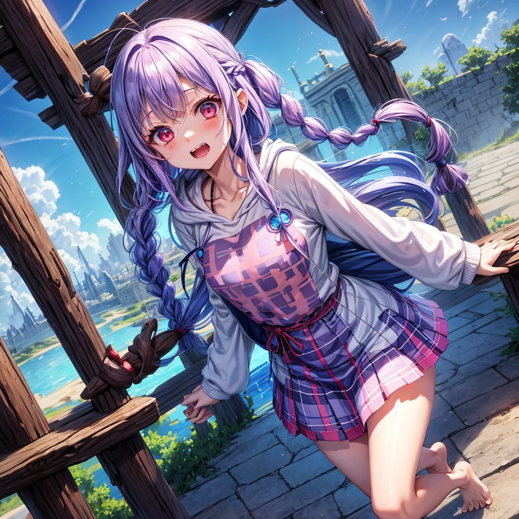 Blue-light purple hair、Red eyes、Braid、One cute girl、solo、And soul、Light clothing、Checked mini skirt、petal、Wet hair、black t-shirts、hoodie、large tree、cloud、Red full moon、desert、barefoot、Stones are piled up、Teeth are visible、Secret Treasure、Fortress City、Tilting face、hourglass