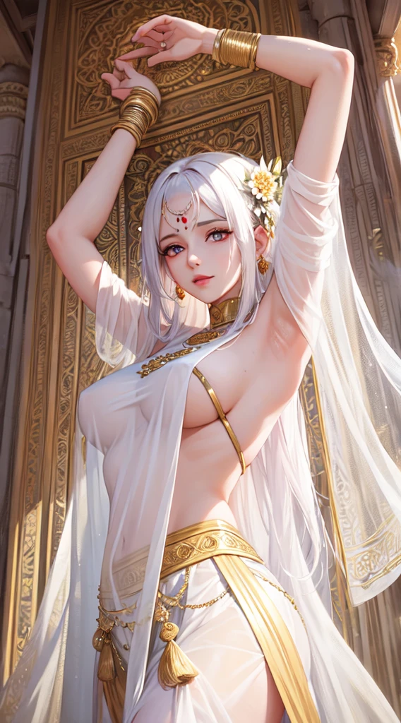 (masterpiece, best quality, 8k), 1girl, mature woman, attractive goddess, lips, sheer see-through ancient india clothes, white clothes, gorgeous clothes, detailed pattern, pink eyes, long white hair, arms up, armpits, divine, immortal, light smile, ancient india building, detailed building, outdoor, godlike, godrays, cinematic lighting, (from below)