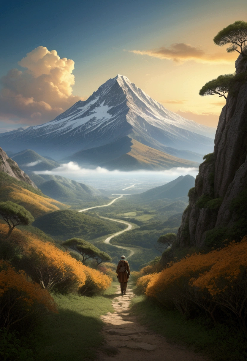 (Low Angle Shot, from below, wide-angle lens), silouete of some explorer embarks on an adventure across landscapes painted in shades of (pink and turquoise:0.5), uncovering mysteries hidden beneath the surface, captivating chiaroscuro, dynamic movement, (special effects:0.1), full body, award-winning, cinematic still, emotional, vignette, dynamic, vivid, (masterpiece, best quality, photorealistic, Professional, perfect composition, very aesthetic, absurdres, ultra-detailed, intricate details:1.3) their silhouettes facing towards a distant, majestic mountain. The mountain, which dominates the background, should have a soft, radiant light at its peak, symbolizing divine glory and spiritual aspiration. The light should create a focal point that draws the eyes upward, encouraging a sense of hope and spiritual elevation. The group of people, shown from behind, should be diverse, representing a community journeying together towards this spiritual goal. Their body language should convey anticipation, unity, and reverence, as they collectively gaze toward the mountain’s summit. The color palette should transition smoothly from deep, serene blues at the bottom (representing the sea and the depth of spiritual contemplation) to warm, golden oranges and soft yellows at the top, where the mountain’s peak is bathed in light. This gradient should symbolize the journey from the quiet, introspective moments of faith to the bright, empowering experience of reaching toward God’s light. The overall composition should evoke a sense of shared purpose and the powerful transformation that comes from rising together toward a divine goal.
