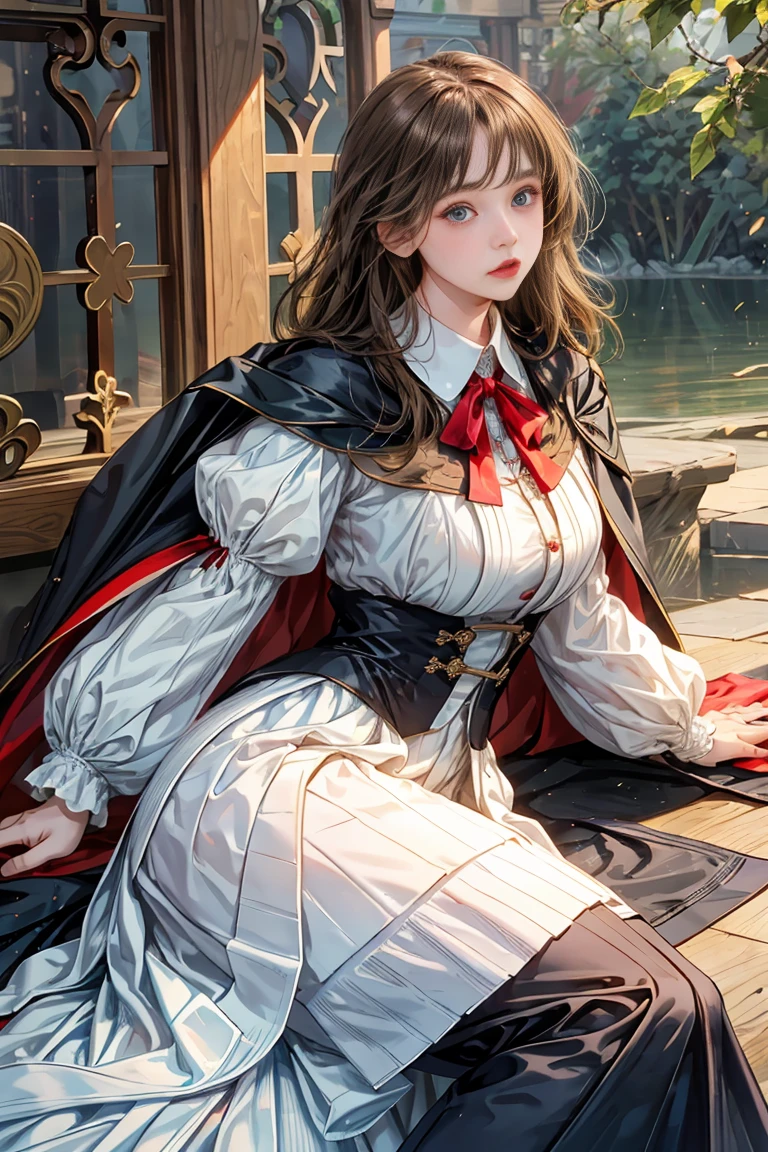 masterpiece, 最high quality, high quality, 1 girl, alone, Female focus, Watching the audience, Messy brown hair, Adorable big blue eyes, White, Noble, Noble, Beautiful tailcoat、A very voluminous, large, very large, very large, long, long red and black cape with a high stand-up collar, made of a lot of fabric that reaches down to the floor., 17 years old,Cute beautiful girls,Cute, cute, kind, beautful girl