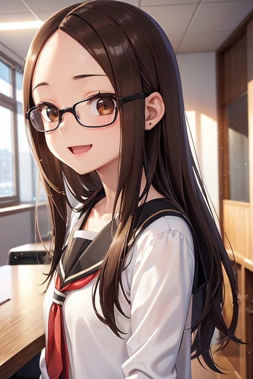 Takagi-san、Shiny brown hair, Straight Long Hair,((Medium chest、Forehead、Center part))、 Beautiful brown eyes、smile、Sparkling eyes, (fine grain)、Very fine eye、Highly detailed face, Highly detailed eyes, Cowboy Shot、 


(Tabletop, Highest quality, Capture the cutest moment, Depth of written boundary, Ultra-detailed, Ultra-high resolution, C4D, Octadale, 3D Modeling, 8k, 16K, 
One Girl、Middle school students、Light brown eyes,hair ornaments、Wearing black glasses、Laughter)、Slender body、small 、office lady、uniform