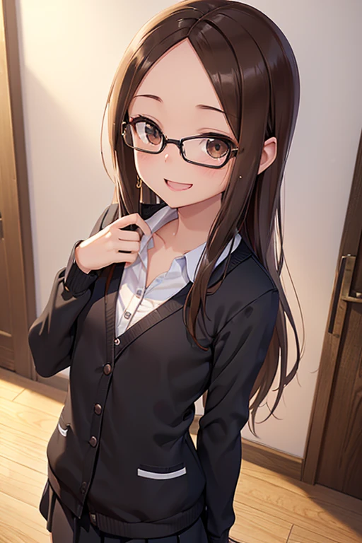 Takagi-san、Shiny brown hair, Straight Long Hair,((Medium chest、Forehead、Center part))、 Beautiful brown eyes、smile、Sparkling eyes, (fine grain)、Very fine eye、Highly detailed face, Highly detailed eyes, Cowboy Shot、 


(Tabletop, Highest quality, Capture the cutest moment, Depth of written boundary, Ultra-detailed, Ultra-high resolution, C4D, Octadale, 3D Modeling, 8k, 16K, 
One Girl、Middle school students、Light brown eyes,hair ornaments、Wearing black glasses、Laughter)、Slender body、small 、office lady、uniform