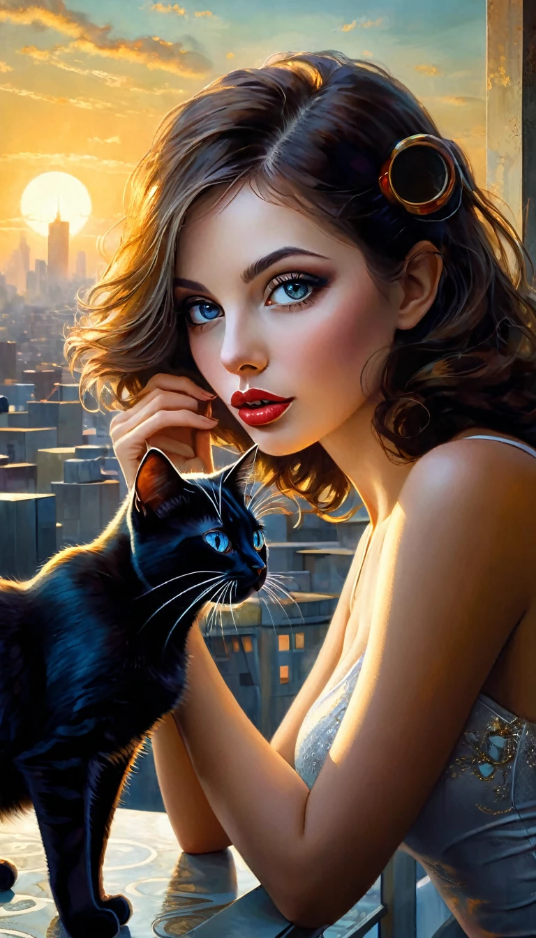 very sexy girl drinks coffee with her pet cat, on a terrace overlooking a futuristic city, sunrise,perfect ass, eroticism, sexy,sex sex sex (best quality,4k,8k,highres,masterpiece:1.2),ultra-detailed,(realistic,photorealistic,photo-realistic:1.37),intricate details,vivid colors,sharp focus,professional,Dave McKean artwork, oil touch of surrealism,oil painting style,portrait,woman,beautiful detailed eyes,beautiful detailed lips,dreamlike atmosphere,shadow play,soft lighting,playful pose,dark hues,ethereal background,fantasy elements,texture,layered composition.