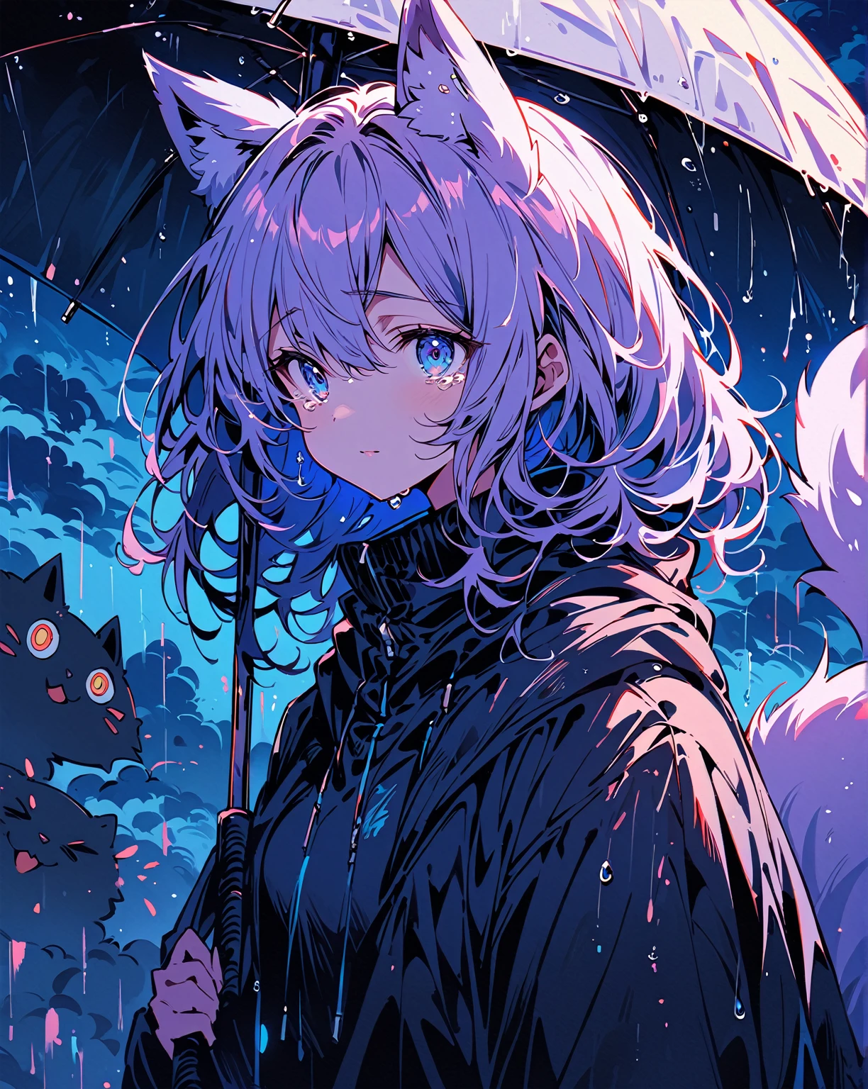 Masterpiece, 4k, anime digital painting style, eyes focus, half body shot, 1nekogirl, neko ears with White fur, Light purple fox tail, Light purple hair, sky blue eyes, cloud inside sky blue eyes. ((Golf details only inside the eyes))
She is looking up at the rainy sky. She hold an umbrella but she He prefers not to stay under it, he wants to get wet with rain. Umbrella tilted away from her. She is crying but she is smiling. Ultra detailed eyes.
Colors:0.7blue,0.2purple,0.1gold.
It is raining, the sky is Dark blue, almost Black with big clouds, thunder effects. Dark colors, bright eyes. Sad shot, sad masterpiece, feelings