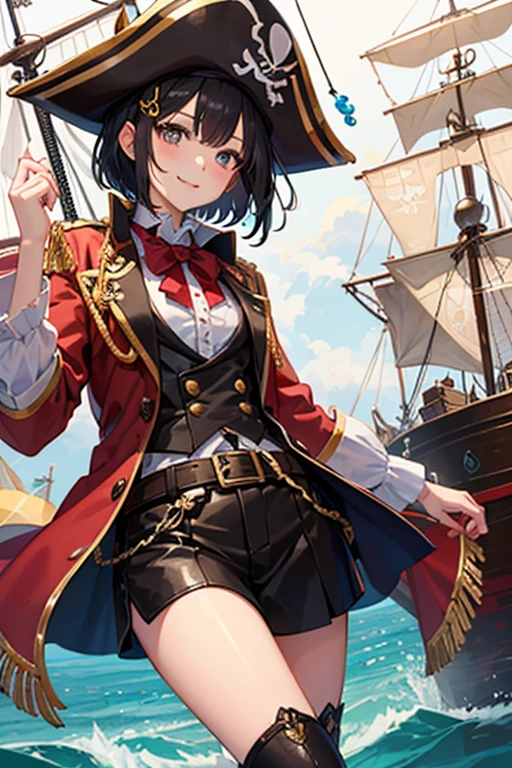 Highest quality、Black Hair、Iris、short hair、girl、cute、16 years old、、Small hair ornament、1 person、Cosplay、Pirate outfit、Pirate hat、On a pirate ship、In combat、A happy look、