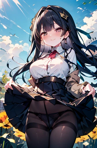 （Cute older sister:1.3）、Long eyelashes、smile,Spring atmosphere、noon、Aggressive、hot、((Strong winds))、Black Pantyhose、Shining Eyes、sneeze、pollen,Big Breasts