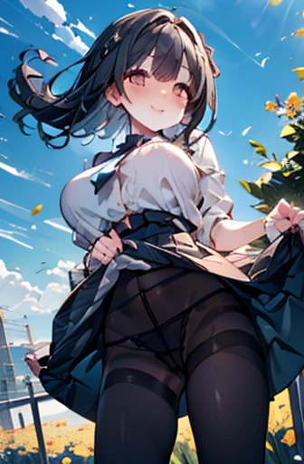 （Cute older sister:1.3）、Long eyelashes、smile,Spring atmosphere、noon、Aggressive、hot、((Strong winds))、Black Pantyhose、Shining Eyes、sneeze、pollen,Big Breasts