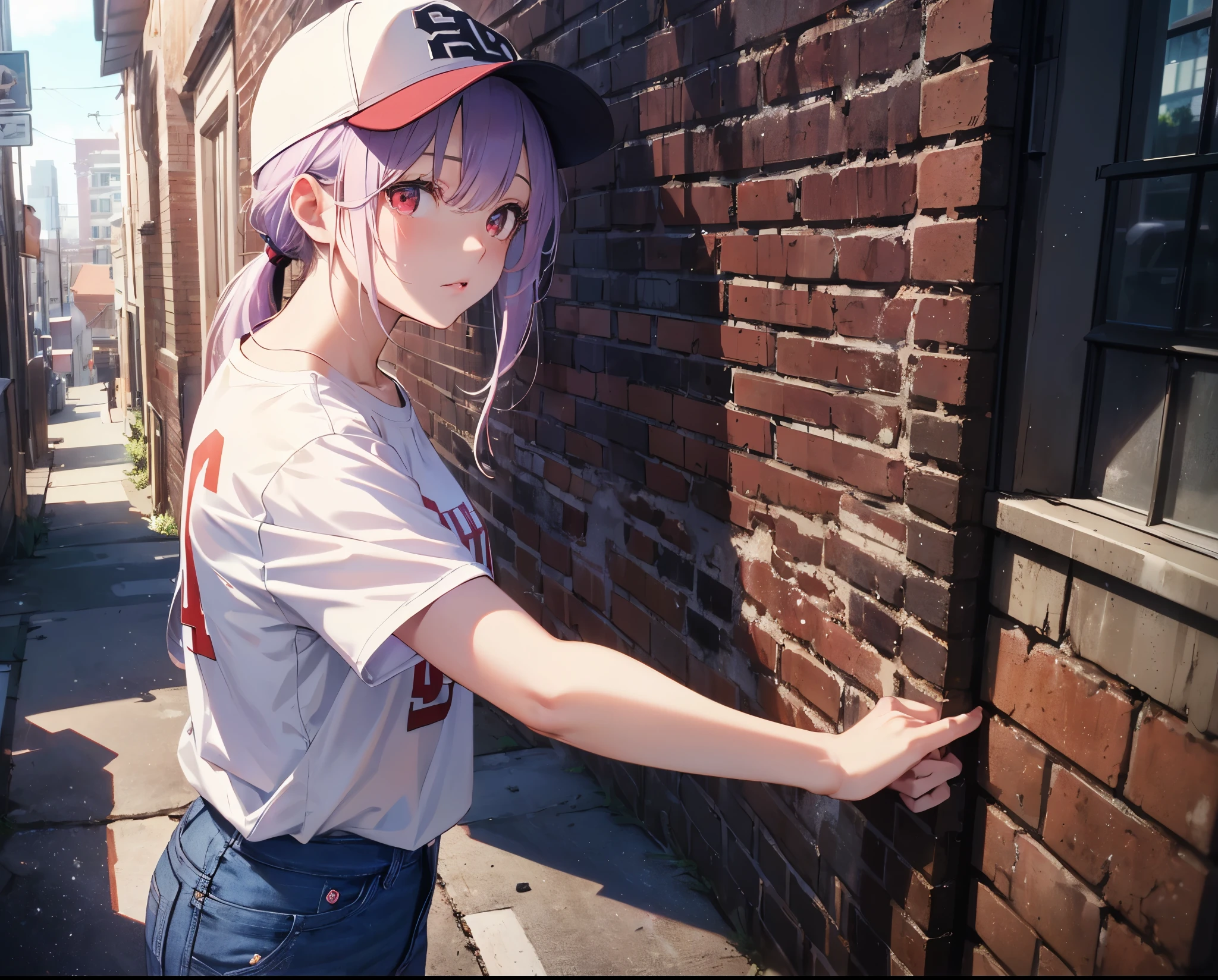 (Close-up:1.3),Realistic,Highest quality, Super detailed, High-quality CG rendering, The most delicate and beautiful, Floating softly, High resolution, (1 girl), (Highest quality,4K,8k,masterpiece:1.2), Light purple hair,(Very long ponytail:1.5),Red eyes,(Pure white oversized short sleeve T-shirt:1.3),(Black skinny jeans:1.3),(Pure white baseball cap:1.3),In the city,old buildings,Narrow back alley