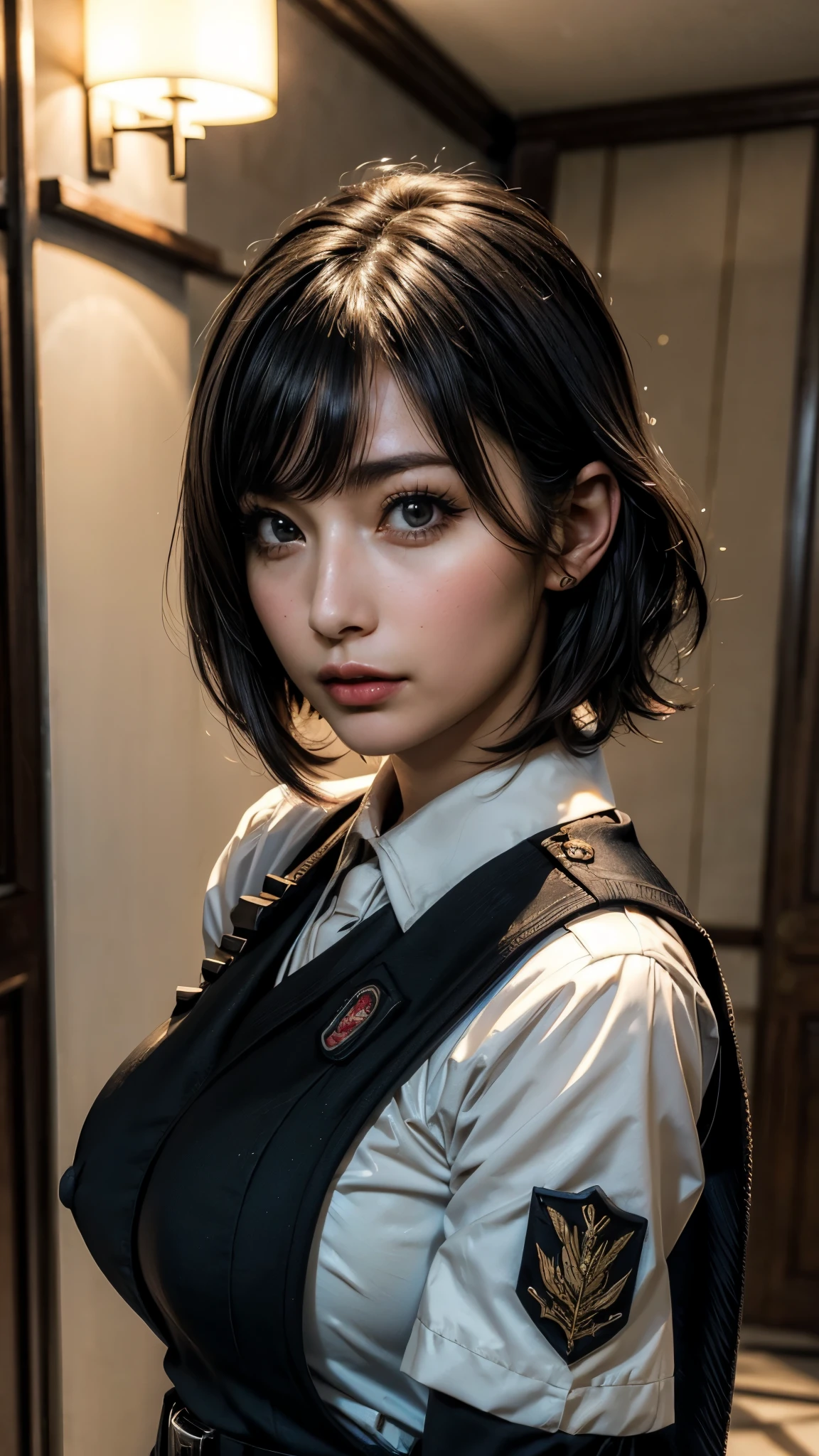 ((Beautiful Face:1.2)), (Purelos Face_v1: 1.0), Half Body,(Highest Resolution, clear_image) Highest quality, Single, One Woman, alone, masterpiece, Very detailed, (realistic), Black short hair, Black Hair, bangs, mature, ((JSDF uniform)), Indoor Background, kind, Authoritative, Powerful, Exquisite facial features, Exquisite facial features,((Natural big breasts:1.2))