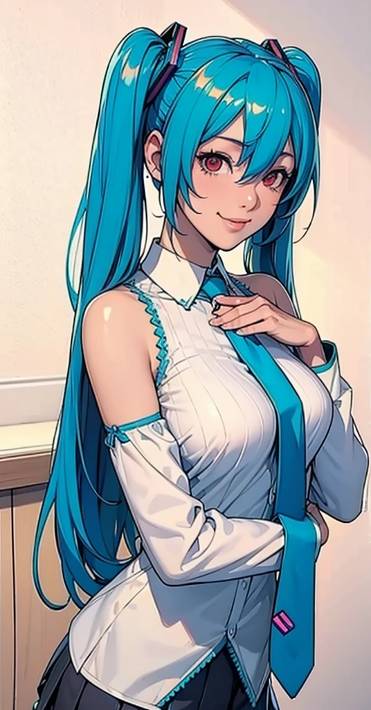 masterpiece, hatsune miku, White shirt, Blue tie, Exposing shoulders, The sleeves are separated, Evil Smiley Face, Dark Skin, Red eyes, Iris, Pupil orange,