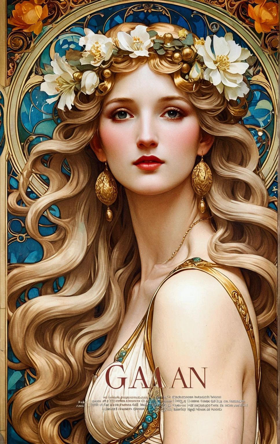 European woman portrait,goddess, above waist, Long flowing hair, Blonde, Oil painting, Model imposing, flower frame, decorative panel, abstraction, directed by: Alphonse Mucha (Main part, extremely high quality, High resolution: 1.4), detailed, intricate details, splash of colour, Line art, Fibonacci, Wear underwear, atmospheric perspective, Art Nouveau, 4k