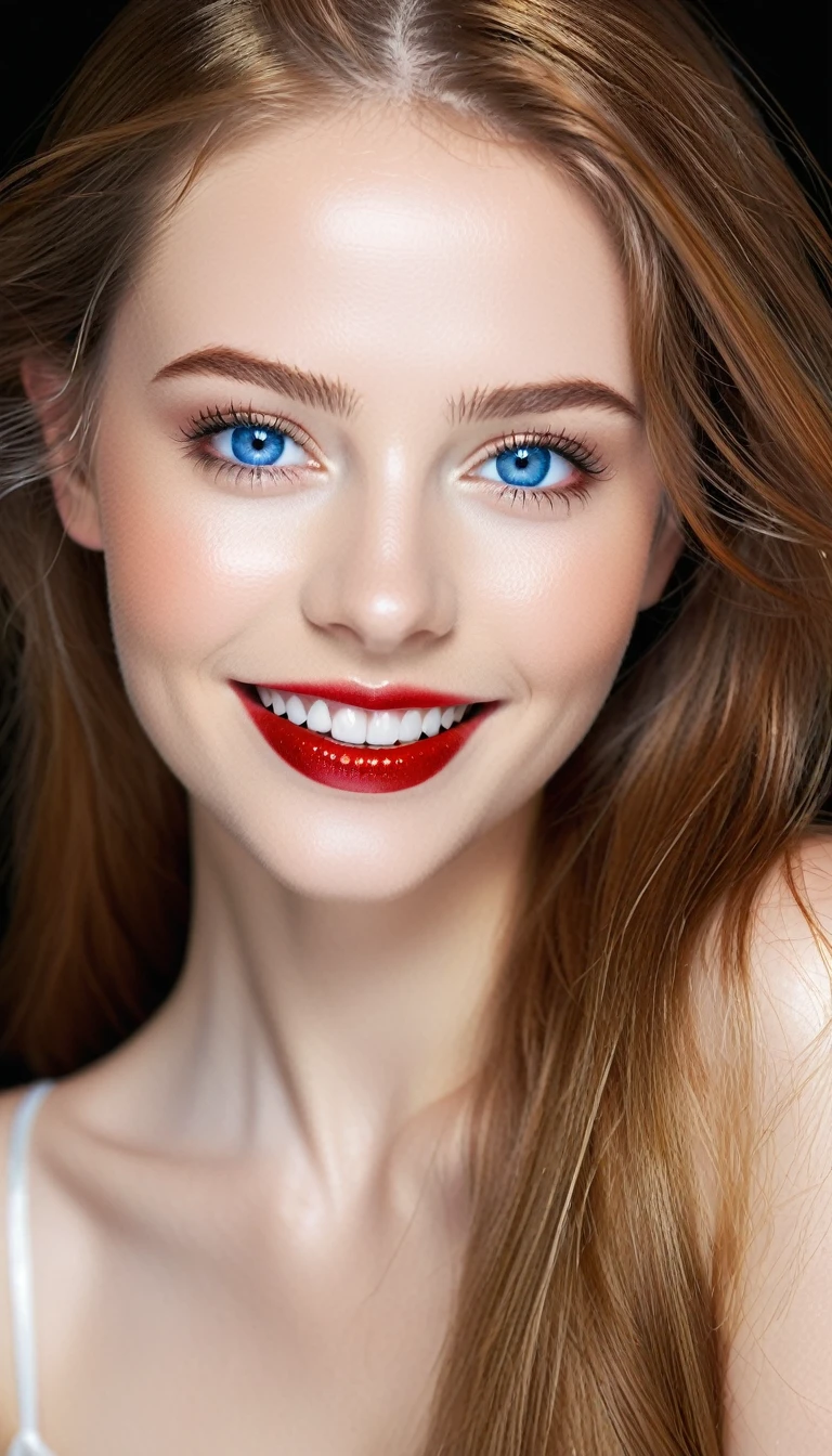 A photographic masterpiece of a young woman around 18-20 years of age with an ethereal, fairy-like beauty, radiant smile showcasing her luminous, pure white teeth enhanced by hot red lipstick and a hint of shimmering gloss, captivating blue eyes sharp as a blade highlighted by fine makeup glitter, creating a seductive and realistic look, long golden-red hair cascading down her shoulders like a fier