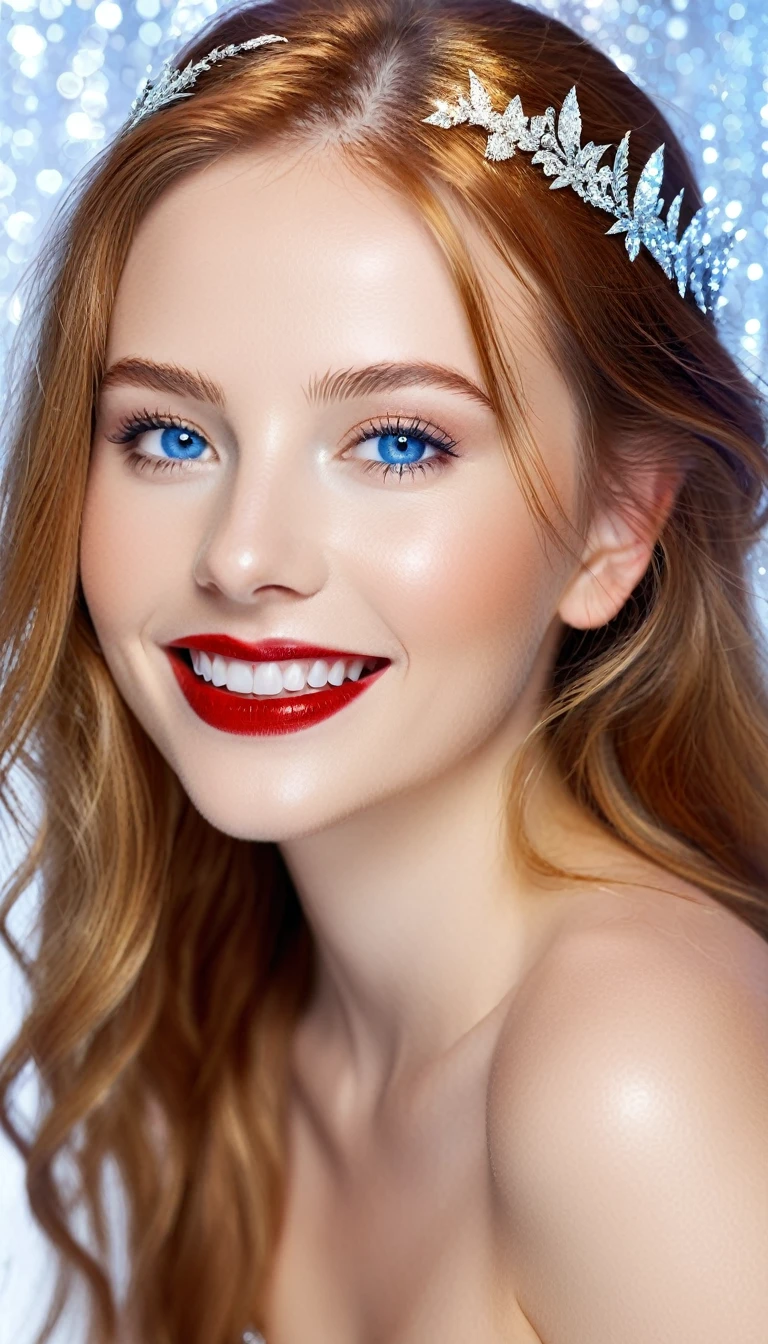 A photographic masterpiece of a young woman around 18-20 years of age with an ethereal, fairy-like beauty, radiant smile showcasing her luminous, pure white teeth enhanced by hot red lipstick and a hint of shimmering gloss, captivating blue eyes sharp as a blade highlighted by fine makeup glitter, creating a seductive and realistic look, long golden-red hair cascading down her shoulders like a fier