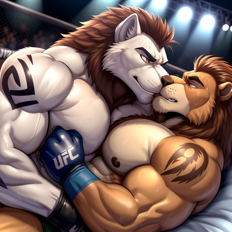Duo male(Brown Lion with mane vs White Wolf, handsomes, handsome hairstyle, Thick eyebrows, detailed face), gay(Lying down, cuddling embraced, kissing each other, on a UFC match), hot(Shirtless), handsomes(They are handsomes, correct anatomy), musculosos(Big muscle bodies, Six packs, muscle abs, big pecs), sweaty(very sweaty wet bodies, shiny sweat), tatuajes(they have tattoos), grumpy(Both have an grumpy expression, grumpy teeths, steaming breath), UFC gloves(They both are wearing UFC gloves), Hight resolution, by(Zourik:1.1)