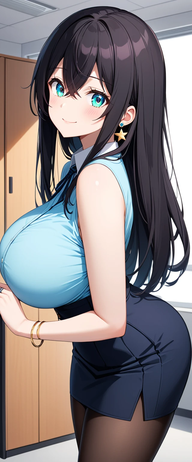 (masterpiece,best quality,high resolution,extremely detailed picture,16K,wallpaper,huge_filesize,cowboy shot:1.2,CG),(solo),alone,1girl,hetero,young,perfect balance,beautiful character design,pale skin,((black hair:1.4),(crossed bangs:1.4),(long hair:1.4),(hair between eyes:1.4),(cyan eyes:1.4),perfect eyes,closed mouth:1.4,smile,blush,perfect face),beautiful body),(large breasts:1.4),(Sexy thighs),(office:1.4),star earrings,(suit),(shirt),ring bangle,pencil skirt,(pantyhose),(standing:1.4),(turn your face and body straight:1.4)
