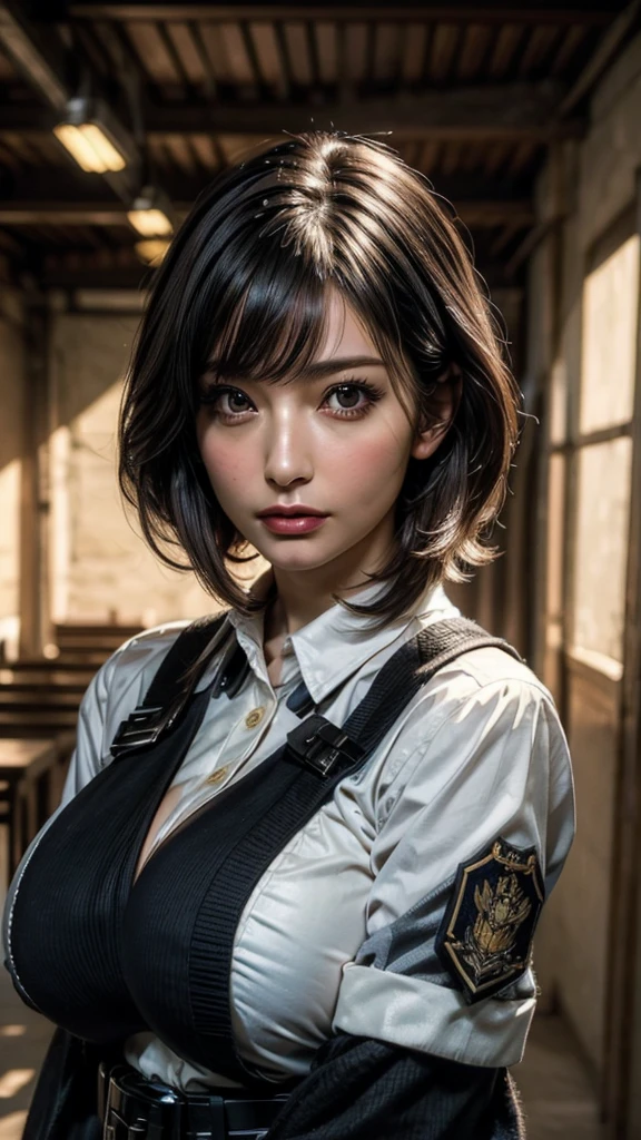 ((Beautiful Face:1.2)), (Purelos Face_v1: 1.0), Half Body,(Highest Resolution, clear_image) Highest quality, Single, One Woman, alone, masterpiece, Very detailed, (realistic), Black short hair, Black Hair, bangs, mature, ((JSDF uniform)), Indoor Background, kind, Authoritative, Powerful, Exquisite facial features, Exquisite facial features,((Natural big breasts:1.2))