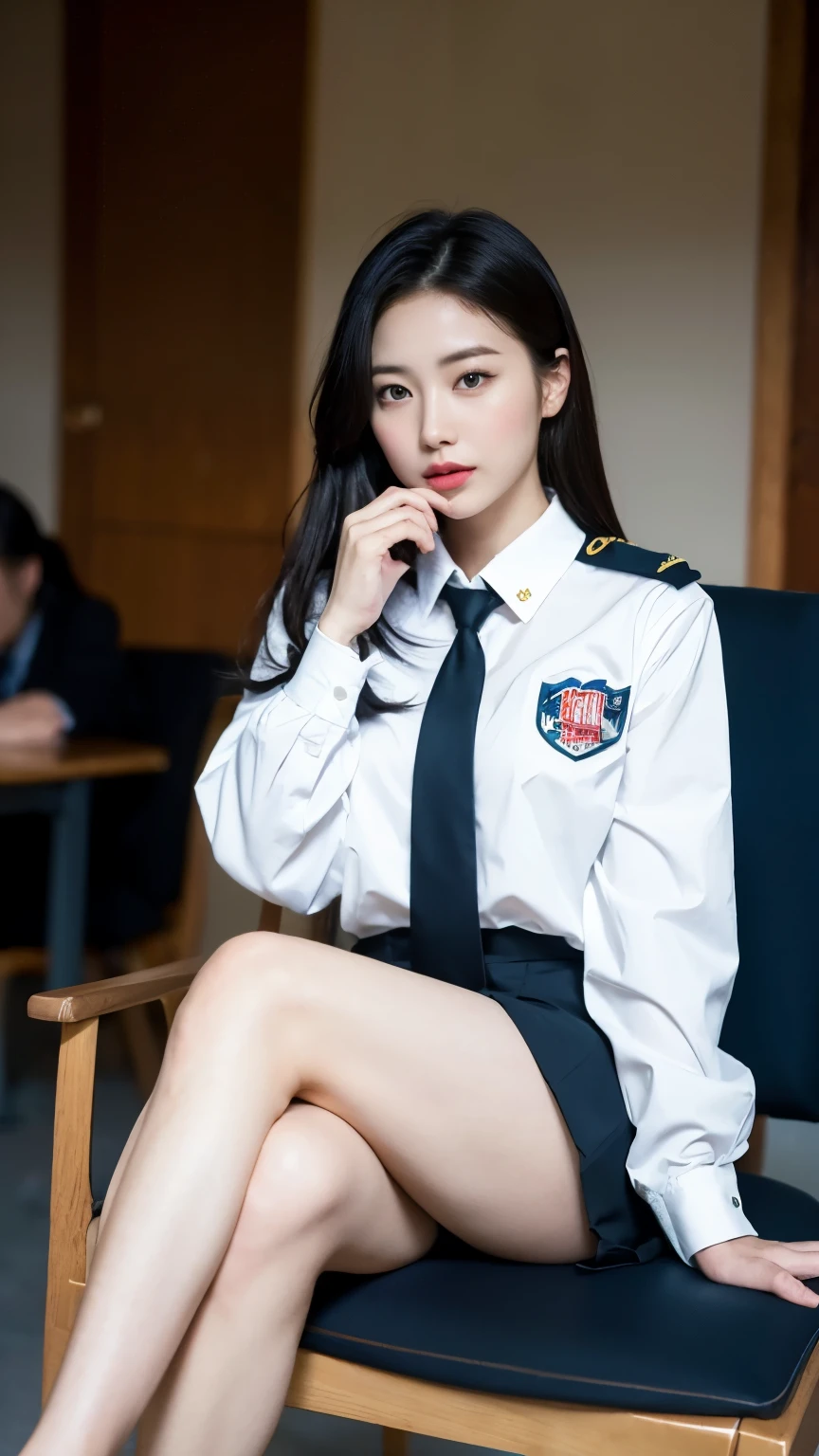ulzzang-6500-v1.1, (RAW Photos:1.2), (Realistic), (masterpiece), (Genuine:1.4), An Asian woman in uniform is sitting on a chair with her legs crossed, sakimichan, [ Realistic photos ]!!, seifuku, Yoshitomo Nara, beast, [32K High Definition]^10, Japanese Model, Wear the principal&#39;s uniform, JK Uniform, Cute realistic school girl, (Ultra-realistic pantyhose:1.3), Skirt Lift