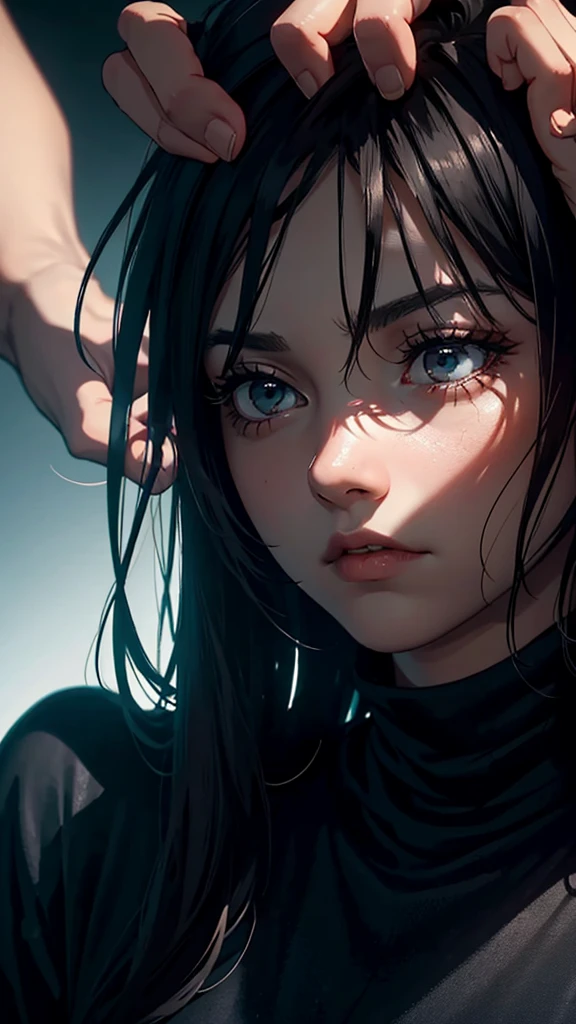 A woman trying to confront her fear, with a shadow looming ominously close to her face, highlighting the tension of the moment.