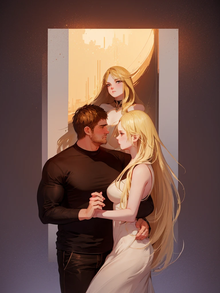(( big man short brown hair ))with ((1woman blonde long hair)),  simple background ,art style guweiz , simple background , bokeh , lovers , couple , art style guweiz , simple background , bokeh , lovers , couple