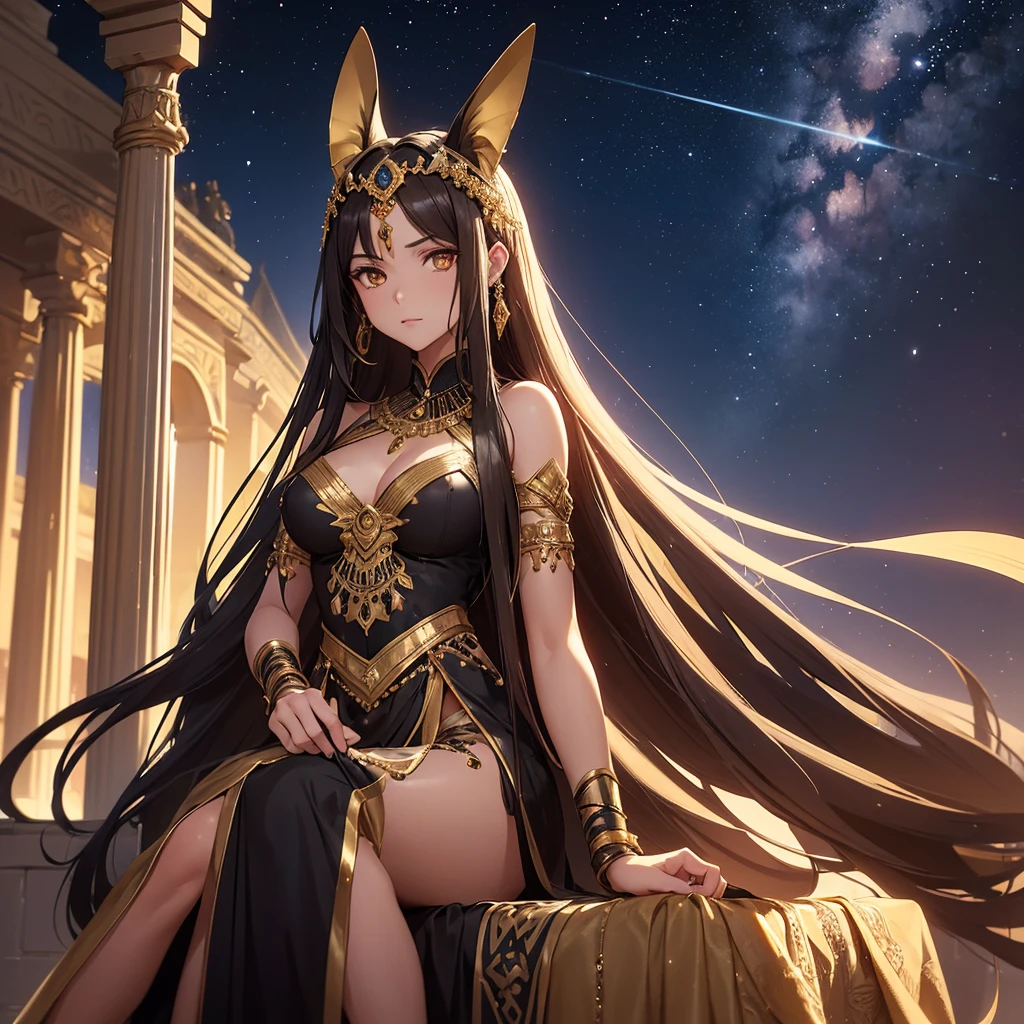 The image depicts Ishtar, the mesopotamian goddess of love, of war and fertility, in a majestic and imposing pose. She is represented with divine beauty and a powerful presence.. Her hair is long and luxurious, falling in wavy waves that frame her face. She wears an elaborate golden robe with intricate details in shades of red and blue., symbolizing your connection with heaven and earth.Ishtar is adorned with jewelry and accessories that reflect her divinity., including a diadem with emeralds and rubies. His eyes are expressive and piercing, showing both serenity and strength. She holds a scepter adorned with astrological symbols and mythological figures., like lions and stars, that highlight their power and influence.Ao fundo, there is a setting reminiscent of the ancient temples of Mesopotamia, with imposing columns and a dramatic sky at dusk, which adds an epic touch to the scene.