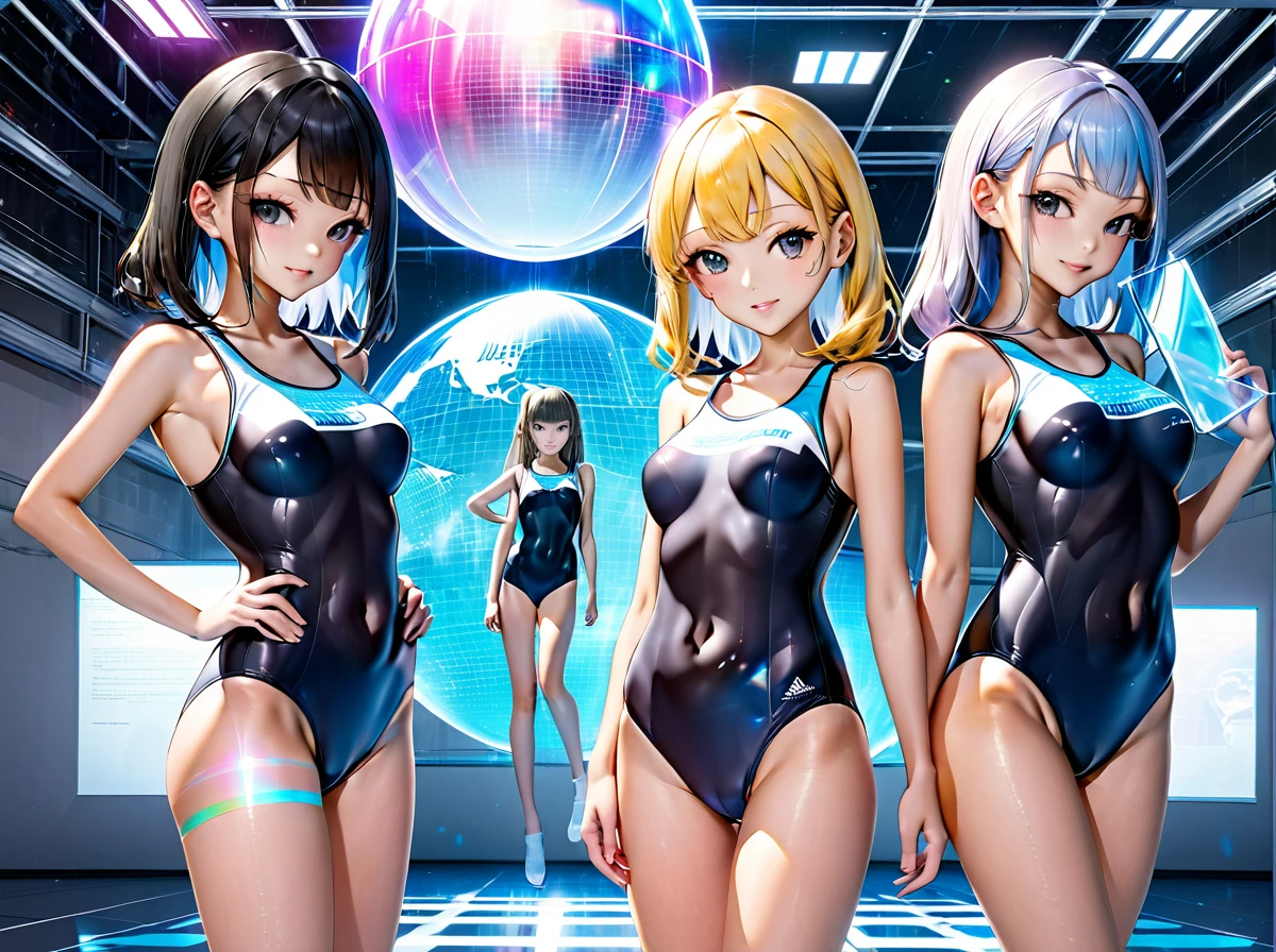 School swimsuit 3girls, cyber world, hologram,　School swimsuit, cyber world, Hologram, SF, gleaming, glamourous