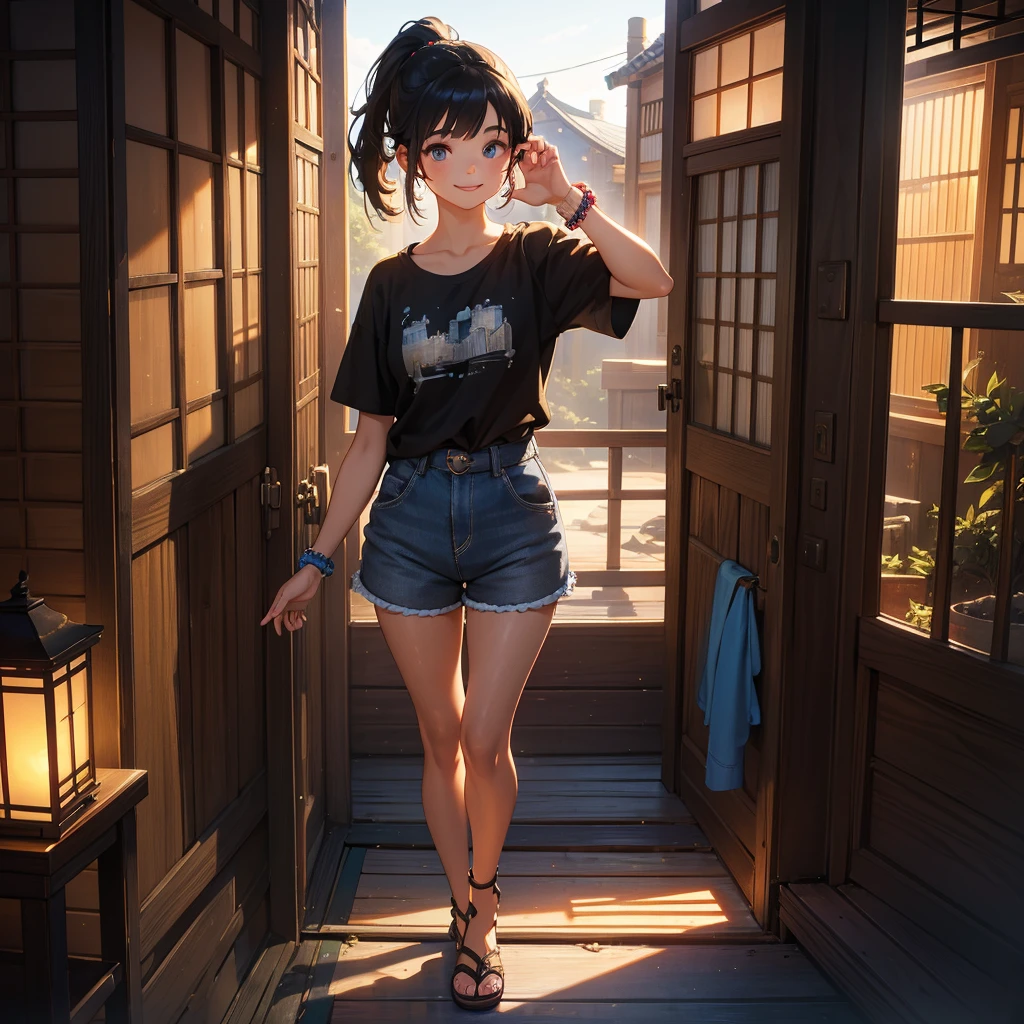 A young girl standing by a traditional Japanese home,blue sky, gravel garden, waving her arm, 12 years old, ((wearing shorts and black t-shirt)), beaded bracelet on right wrist, sandals, tanned skin, smiling, medium shot, black hair in ponytail with blue hairpin on bangs, beautiful detailed eyes, beautiful detailed lips, extremely detailed eyes and face, long eyelashes, intricate details, natural lighting, warm color tones, vibrant colors, cinematic, studio lighting, professional photography, landscape, architectural, concept art