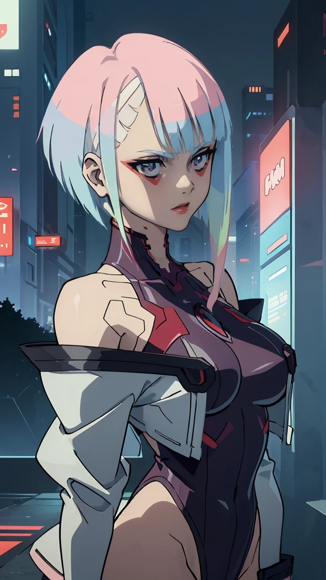 1 girl, One, Lucy \(cyberpunk\), cyberpunk \(row\), very sexy, Erotica, Asymmetrical Hair, nude, very sexy, Erotica, short hair, blue hair, green hair, pink hair, multicolored hair, Blue eyes, Eyeliner, eyeshadow, draw up, bare shoulders, portrait, I look at the viewer, cyberpunk, hlpr, Futuristic, hologram, failure, holographic face, пользовательский interface, interface, Nodes, particles, depth of field, hips, masterpiece, Best quality, very aesthetic, absurdity,