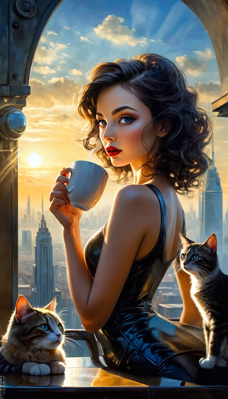 sexy girl in lingerie and her pet cat, alone, having a coffee, enjoying the views from a large terrace, views of a futuristic city:1.5. (art inspired in Bill Sienkiewicz). oil painting) (best quality,4k,8k,highres,masterpiece:1.2),ultra-detailed,(realistic,photorealistic,photo-realistic:1.37),intricate details,vivid colors,sharp focus,professional,(best quality,4k,8k,highres,masterpiece:1.2),ultra-detailed,(realistic,photorealistic,photo-realistic:1.37),intricate details,vivid colors,sharp focus,professional,Dave McKean artwork, oil touch of surrealism,oil painting style,portrait,woman,beautiful detailed eyes,beautiful detailed lips,dreamlike atmosphere,shadow play,soft lighting,playful pose
