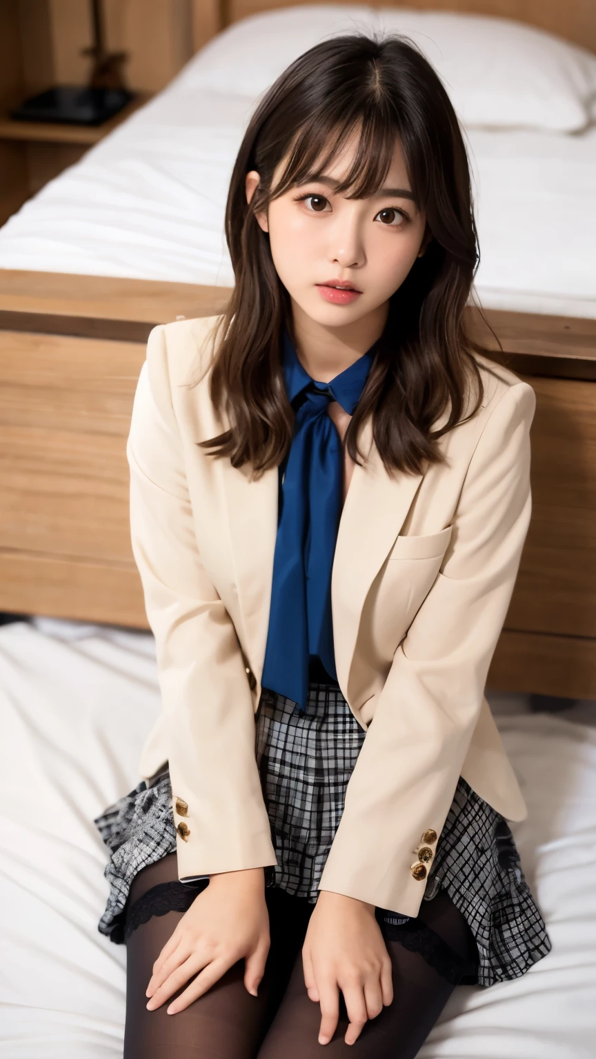 (((masterpiece))), (((Highest quality: 1.4))), ((Very detailed: 1.4)) , (Full Body Shot), Mature Japanese , (alone: 1.3), From above, Sitting, M-shaped legs, Small breasts, (Super realistic black pantyhose: 1.3), White panties and pantyhose are visible, Very beautiful 17 year old girl, No shoes, (blush: 1.3), Shy big eyes, (short (Brown hair parting), (bangs), Messy Hair, (hairpin), Lying on white sheets), Looking into the camera, look white, White underwear, expensive Blazer, expensive cut white shirt, expensive Blue Ribbon, expensive , Checkered and navy pleated skirt, Mycotrose, Long brown hair, Brown eyes