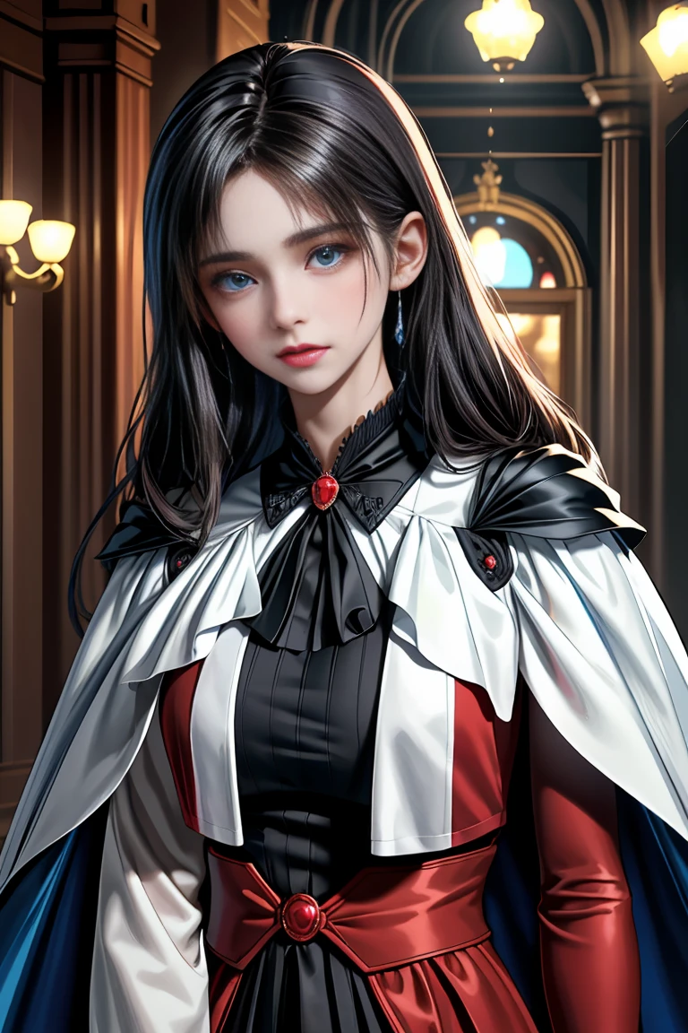
masterpiece, 最high quality, high quality, 1 girl, alone, Female focus, Watching the audience,  Messy black hair, Adorable big blue eyes, White, Noble, Noble,A sexy, voluminous, puffy cape、tuxedo、A very voluminous, large, very large, very large, long, long red and black cape with a high stand-up collar, made of a lot of fabric that reaches down to the floor., 17 years old,Cute beautiful girls, Cute, cute, kind, pretty girl
