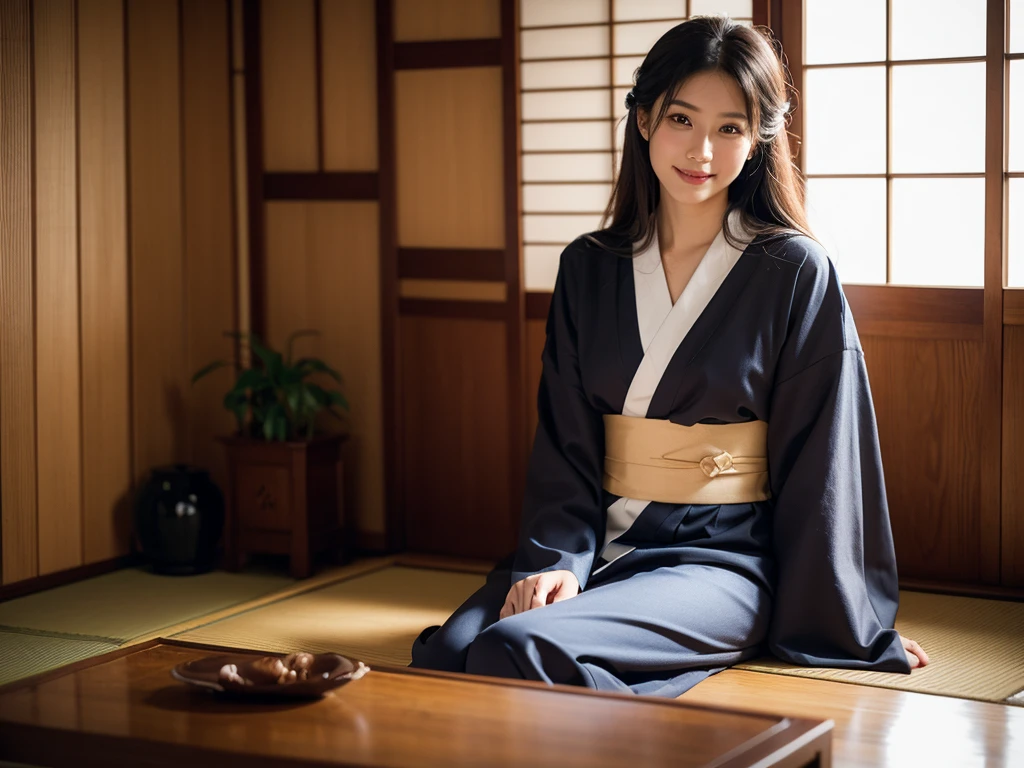Sitting-straight shot, Best quality, a 25y chubby latin women, wearing a Japanese Kimono in a kneeled proper sitting position with hands on her lap, Kimono hairstyle, moody atmosphere, beautiful shadow, room light exposure, sitting on wooden tilted floor next to a Japanese low table, in a Japanese wooden house, smiling directly facing camera, kodacrhome, cinematic lighting, masterpiece composition, perfect direct of photography, realistic face and eyes, realistic skin, ultra highly detailed, centered object, sharp focus, beautiful film bokeh, surreal view, candid photo, shot by zenit camera with 35mm lens, cinematic photo by annie leibovitz