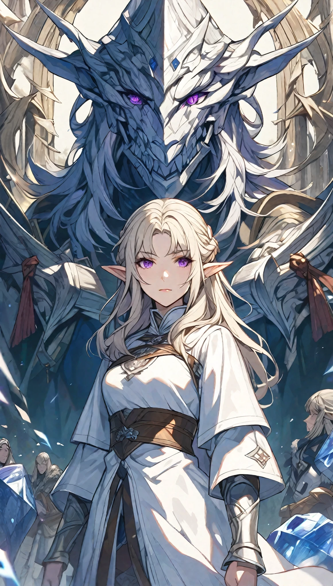 Solitary, woman, beautiful, Medium Length Platinum Blonde Hair,with bangs, Half-tied and half-down hair, Purple Eyes, White coat, d&d, Elf, middle Ages